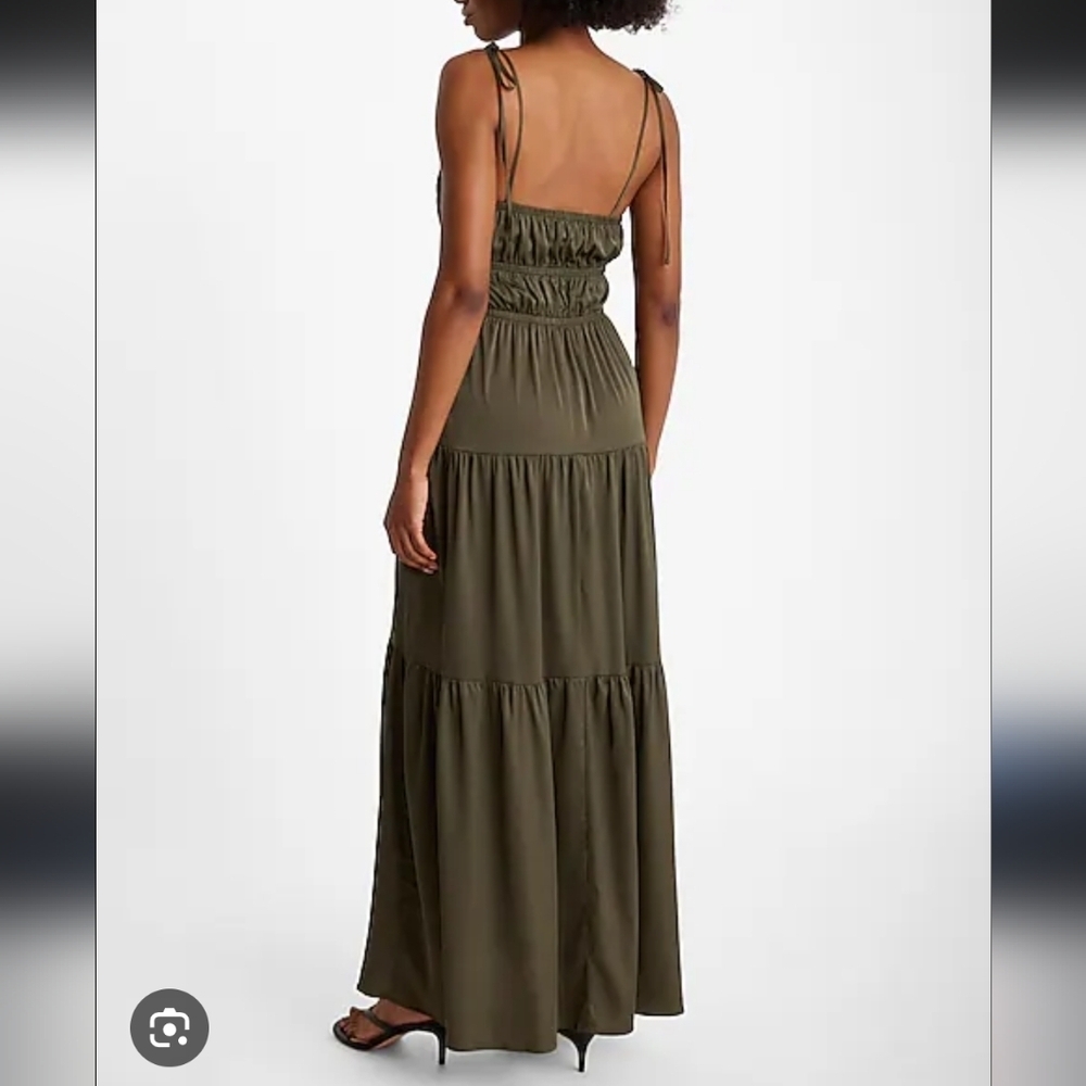 Express olive green satin sleeveless shoulder tie tiered maxi dress